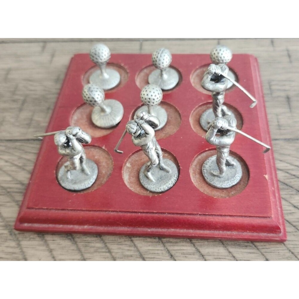 Golf Pewter and Wood Tic Tac Toe Set 4 Golfers 2" and 5 Golf Balls 1" Wood Board